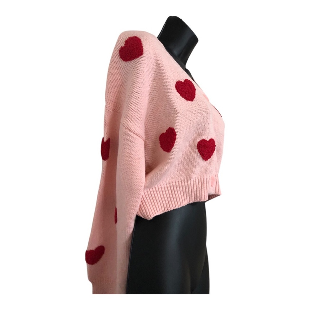 Jessica Simpson tufted embroidered red hearts cropped pink cardigan size XL new‎ - Picture 8 of 12